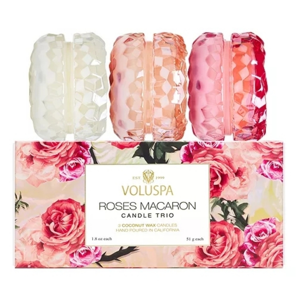 Anthropologie Voluspa Roses Macaron Candle Trio, NIB